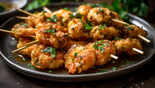 Grilled skewers of meat and vegetables on plate generated by AI CHICKEN LOLLYPOP